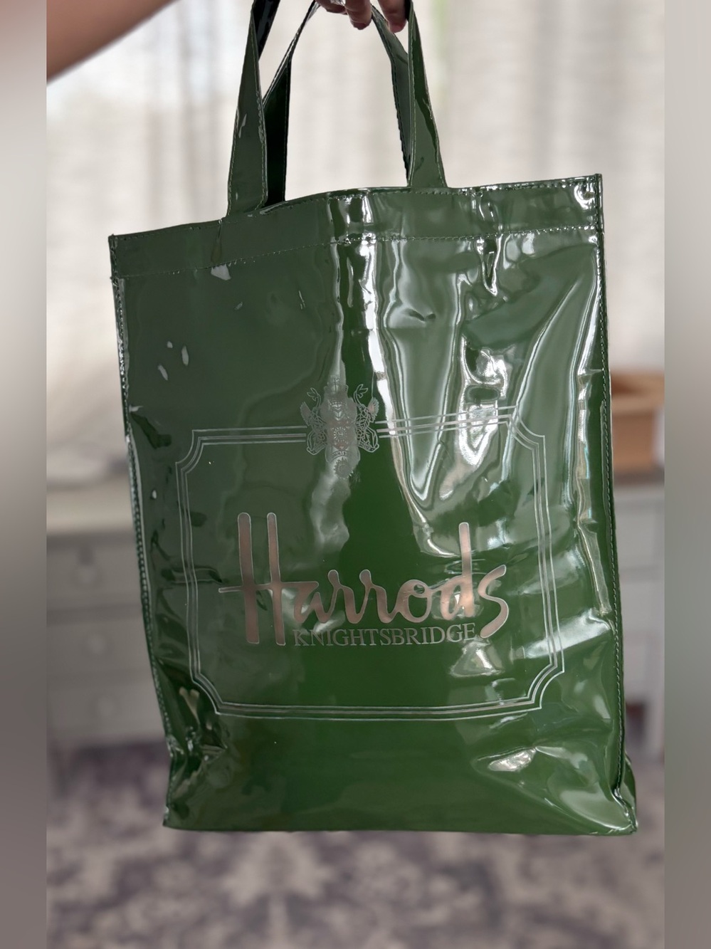 Harrods Knightsbridge Green Glossy PVC Shopper Tote Bag London